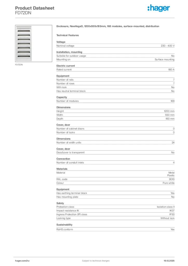 Image Hager Product data sheet FD72DN  | Hager New Zealand