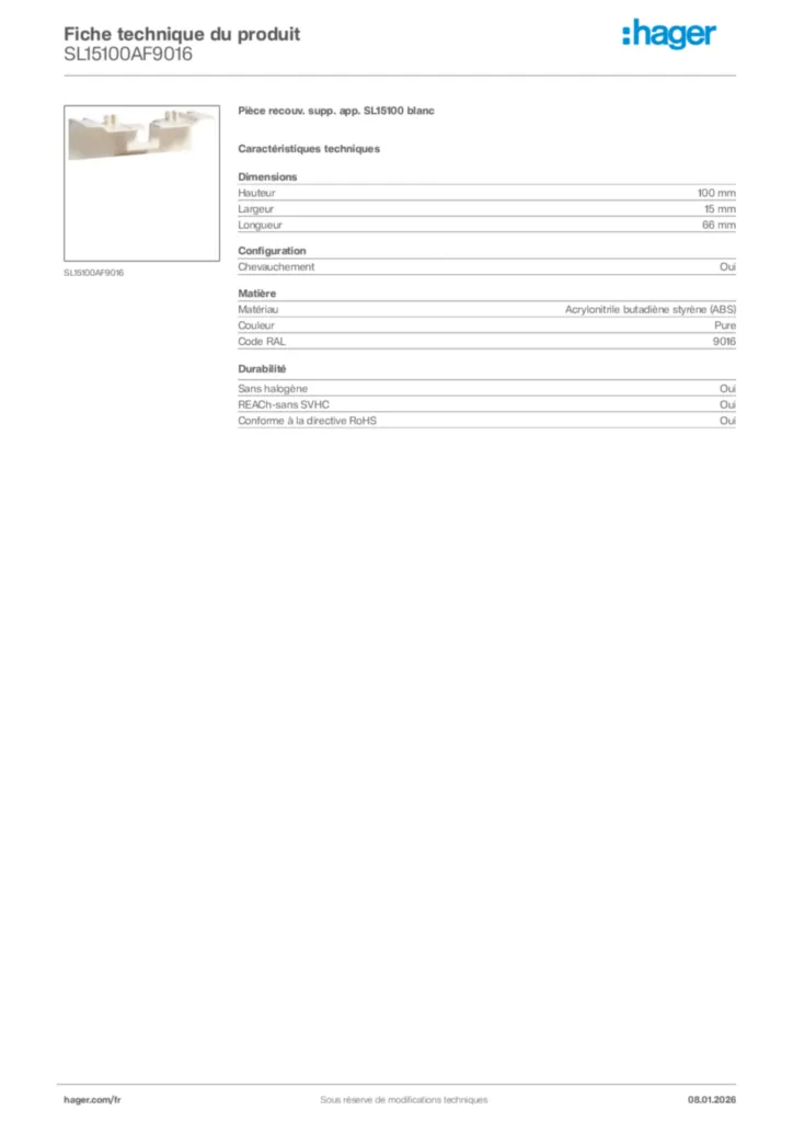 Image Hager Fiche technique du produit SL15100AF9016 | Hager France