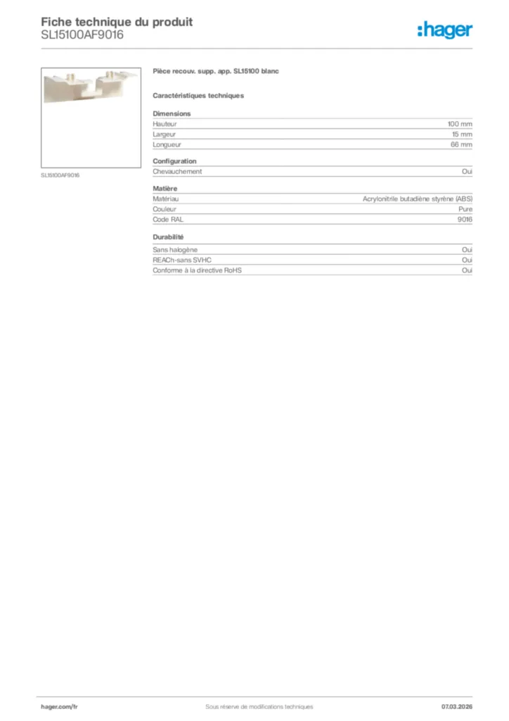Image Hager Fiche technique du produit SL15100AF9016 | Hager France