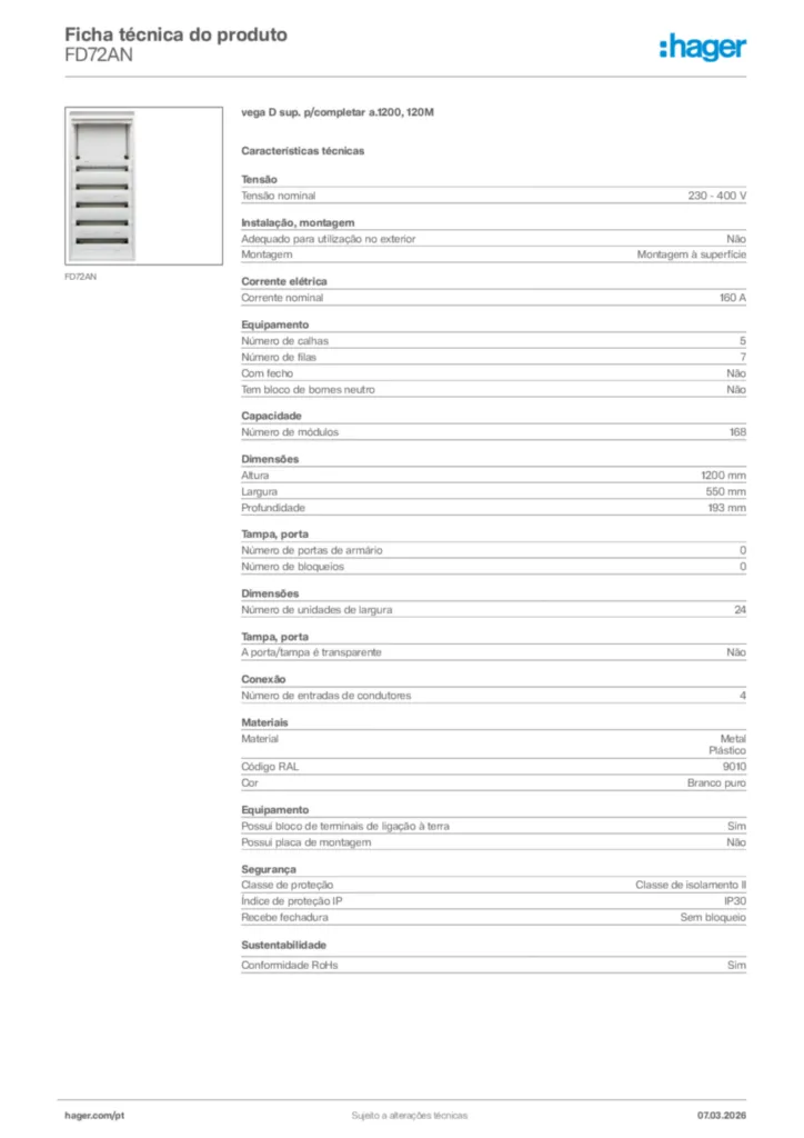 Imagem Hager Ficha técnica do produto FD72AN | Hager Portugal