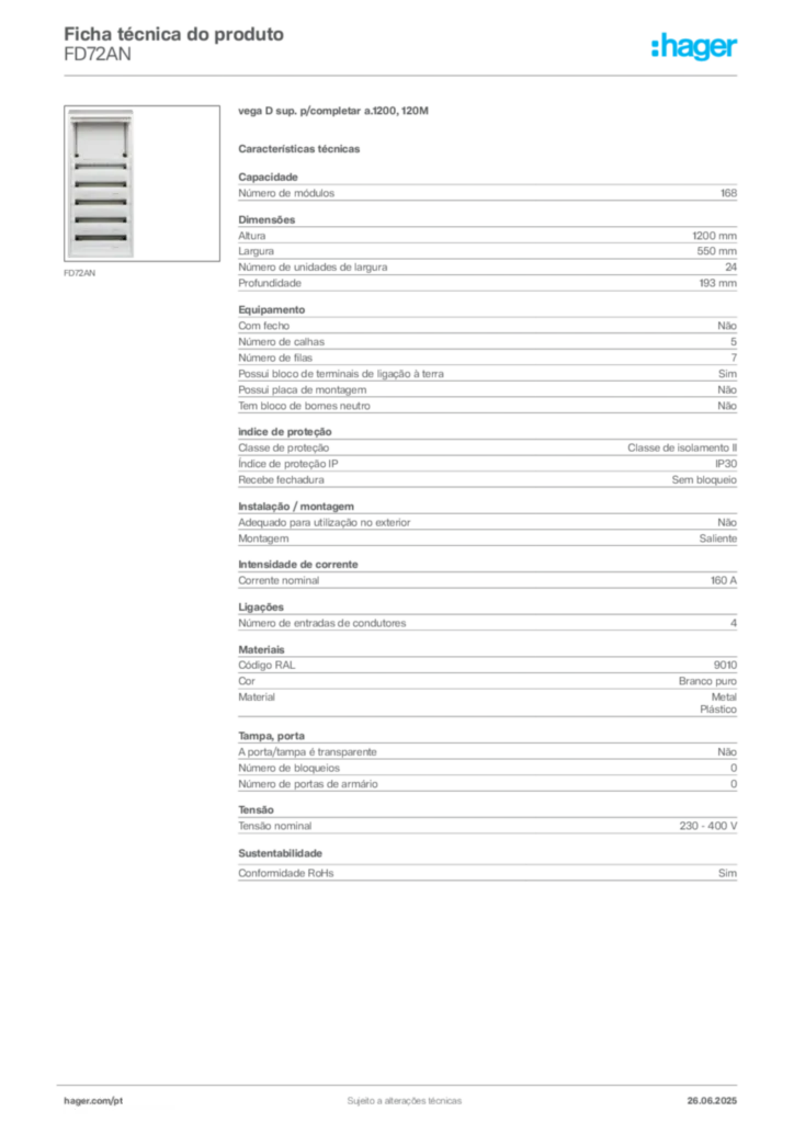 Imagem Hager Ficha técnica do produto FD72AN | Hager Portugal
