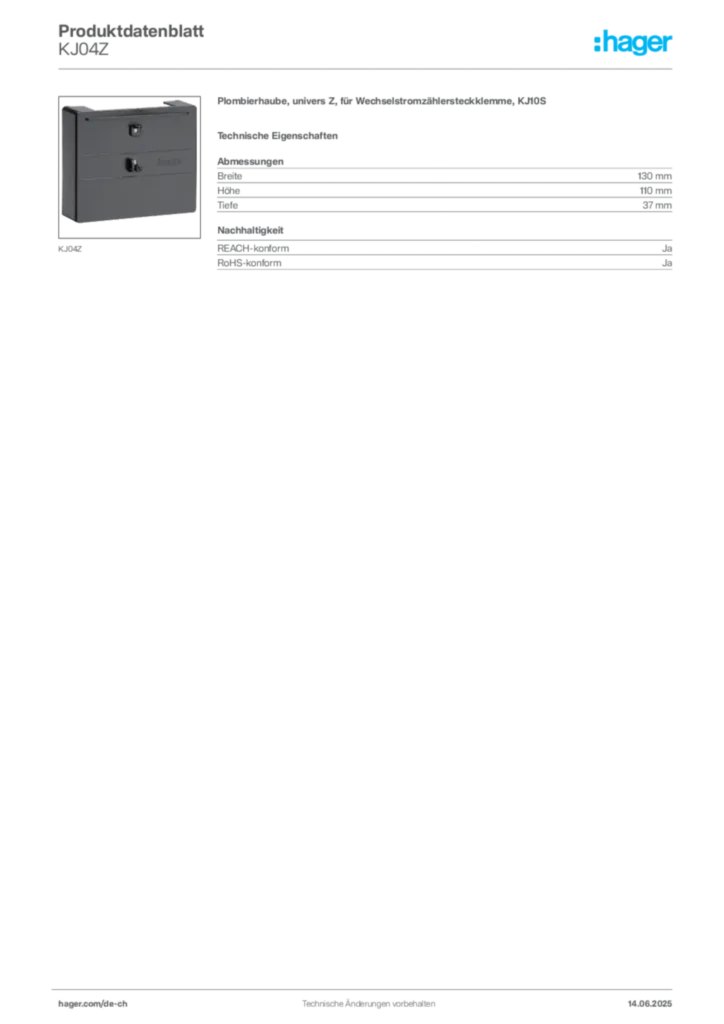 Bild Hager Produktdatenblatt KJ04Z | Hager Schweiz