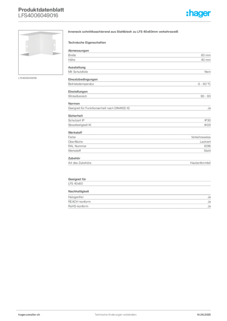 Bild Hager Produktdatenblatt LFS4006049016 | Hager Schweiz