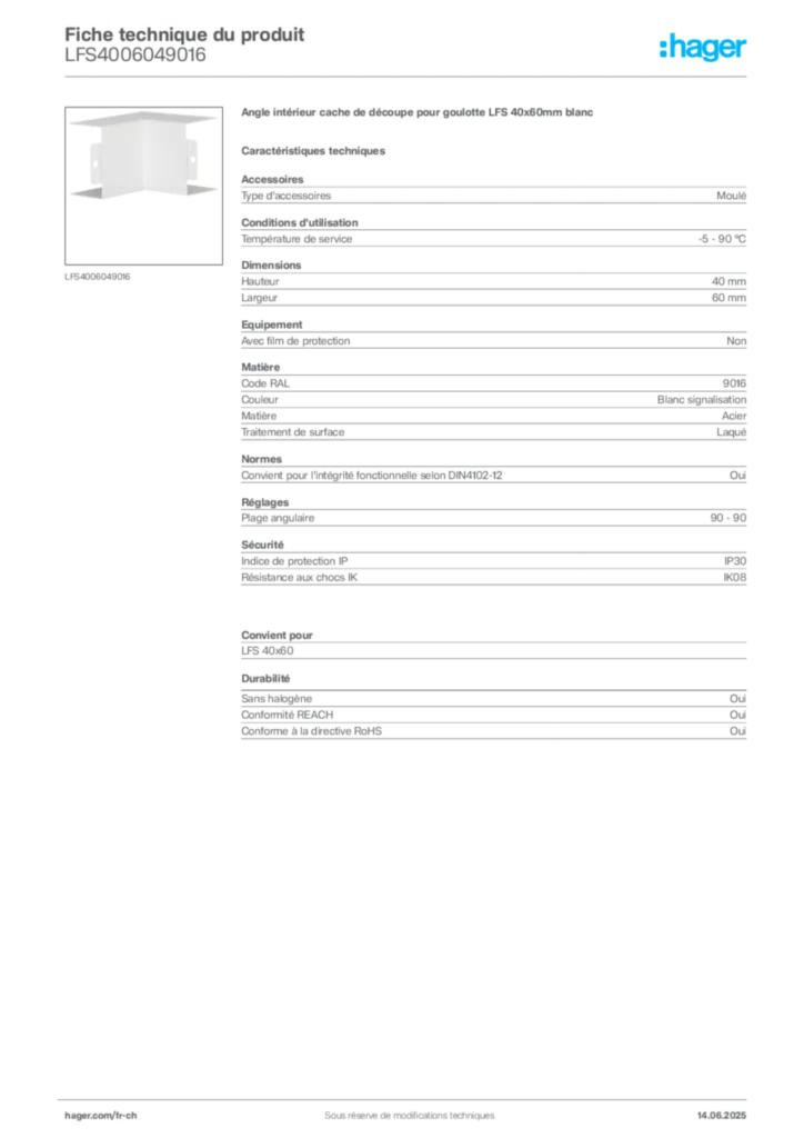 Image Hager Fiche technique du produit LFS4006049016 | Hager Suisse