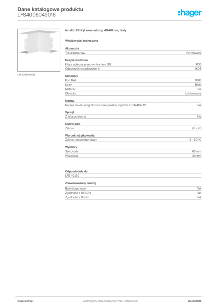 Zdjęcie Hager Karta katalogowa LFS4006049016 | Hager Polska