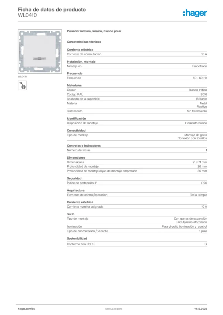 Imagen Hager Ficha de datos de producto WL0410 | Hager España