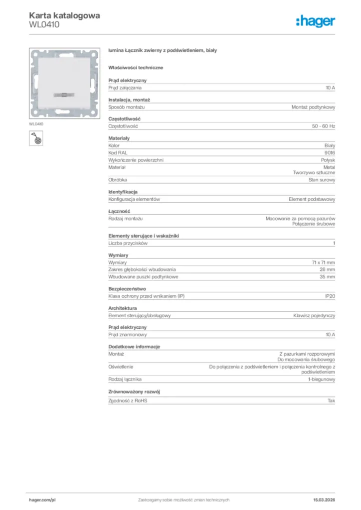 Zdjęcie Hager Karta katalogowa WL0410 | Hager Polska