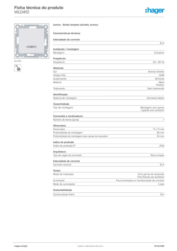 Imagem Hager Ficha técnica do produto WL0410 | Hager Portugal