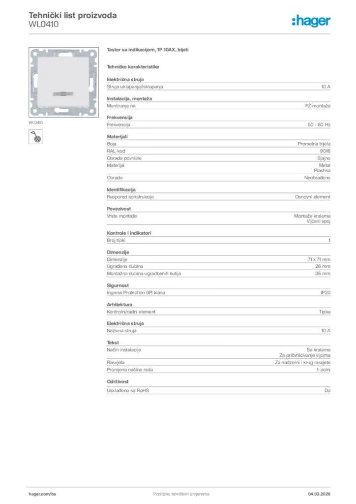Slika Hager Tehnički list proizvoda WL0410  | Hager