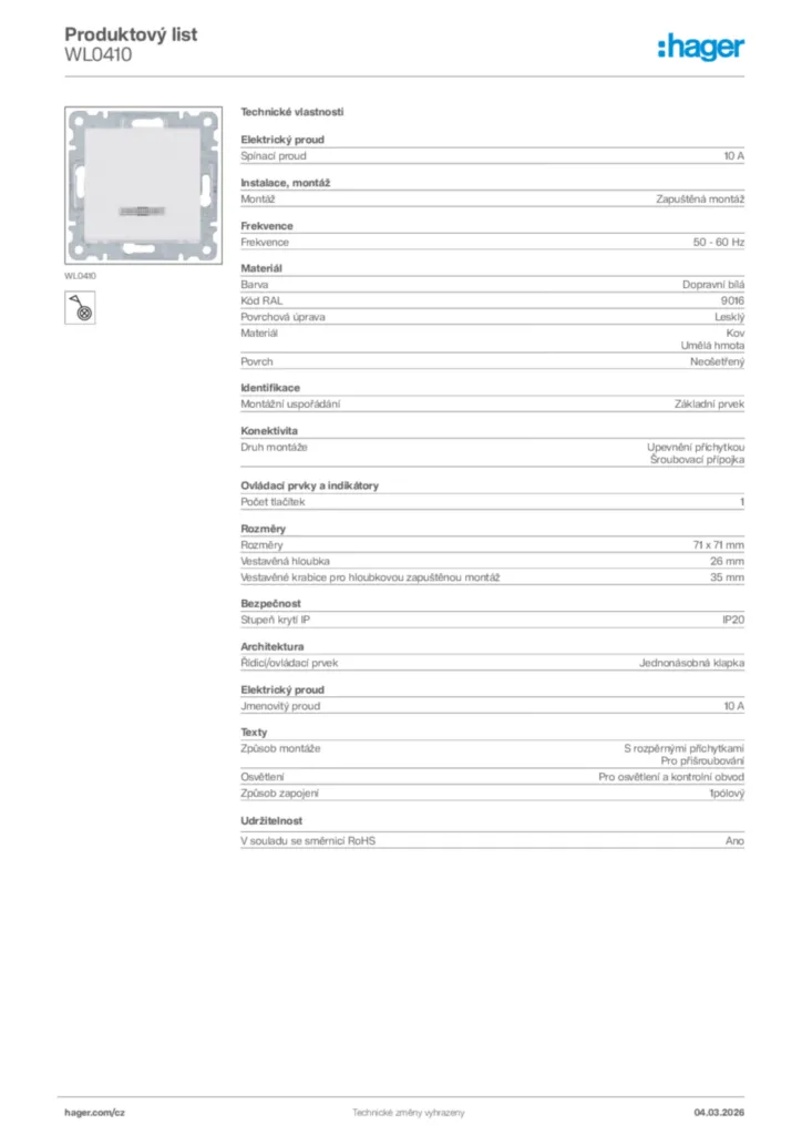 Obrázek Hager Product data sheet WL0410 | Hager