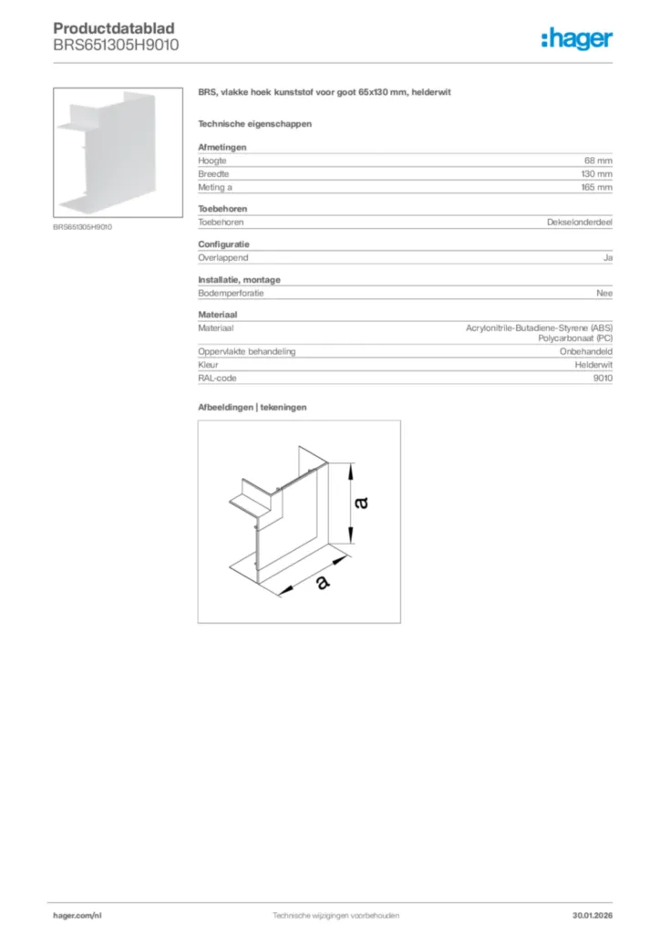 Afbeelding Hager Productdatablad BRS651305H9010 | Hager Nederland