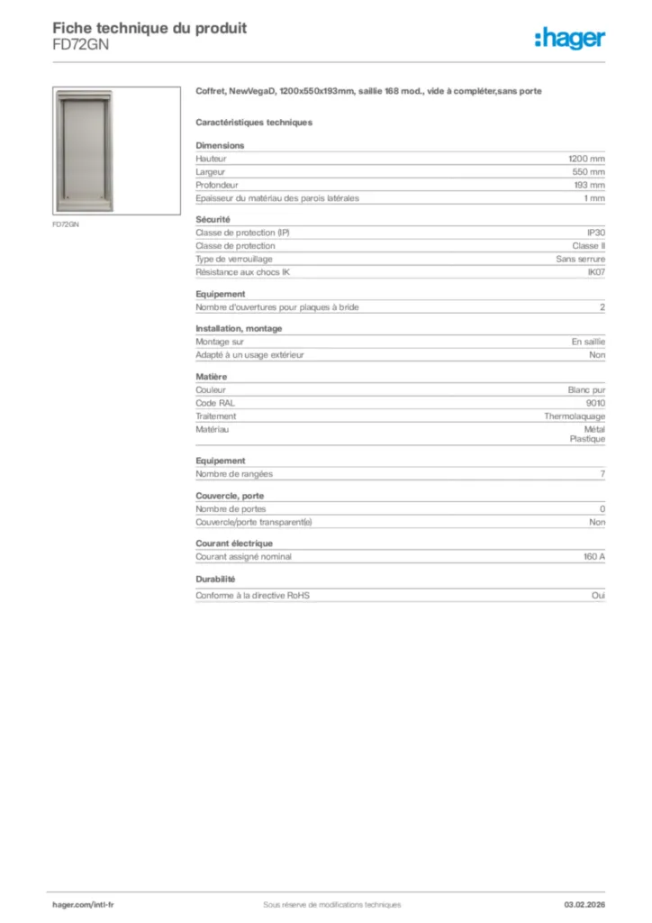 Image Hager Fiche technique du produit FD72GN | Hager Afrique