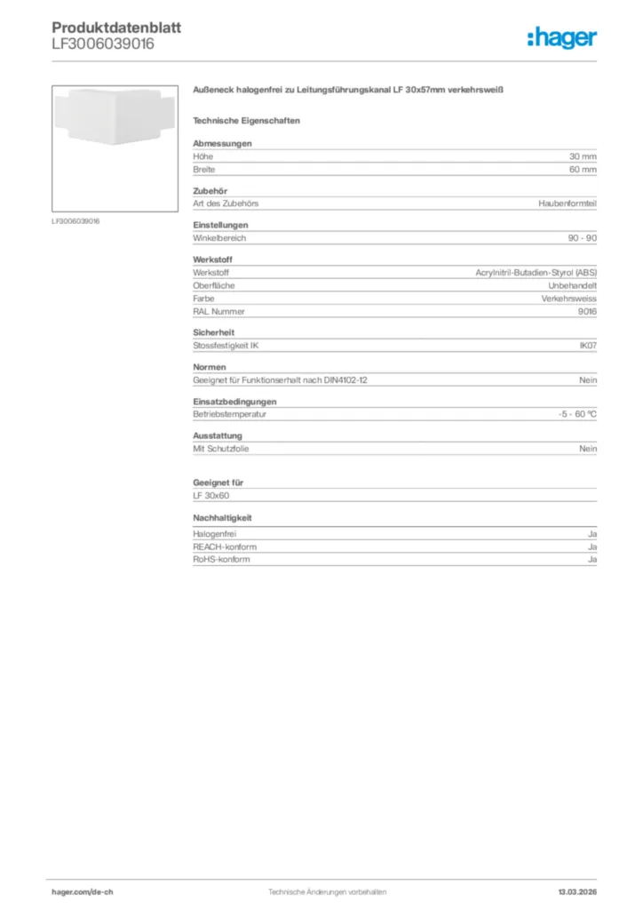 Bild Hager Produktdatenblatt LF3006039016 | Hager Schweiz