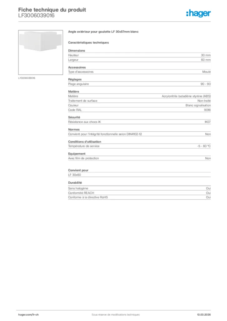 Image Hager Fiche technique du produit LF3006039016 | Hager Suisse