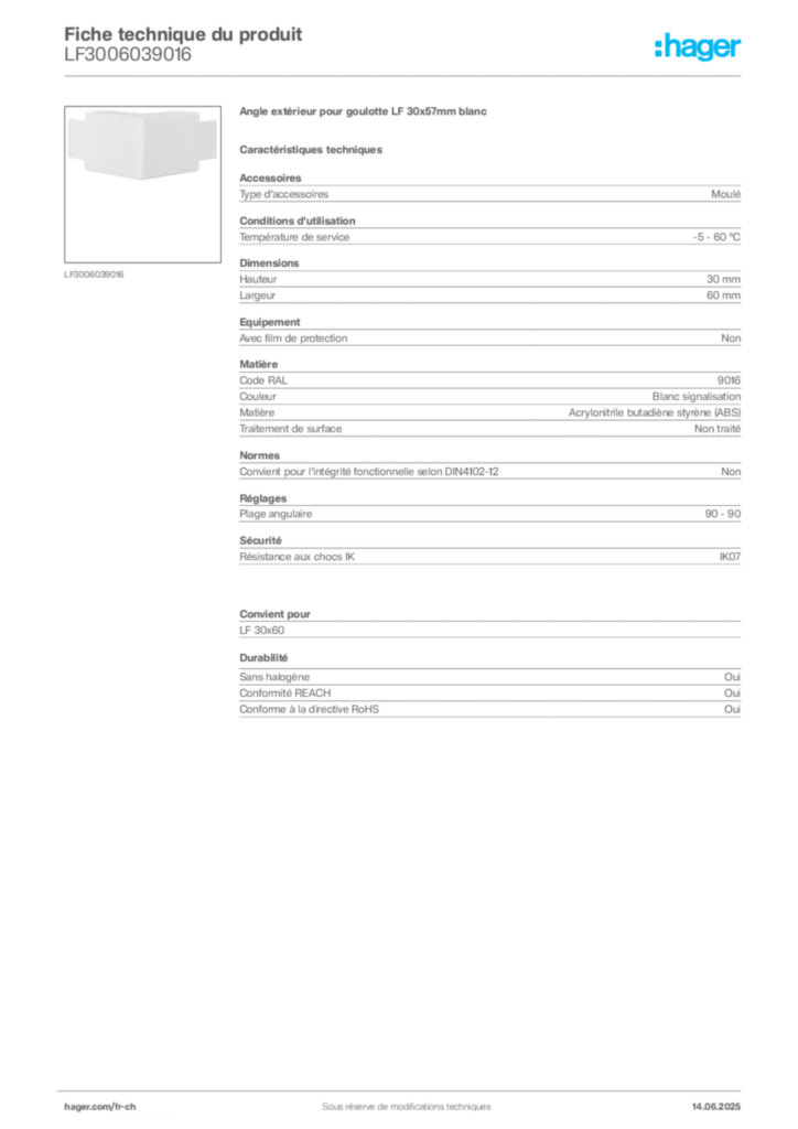 Image Hager Fiche technique du produit LF3006039016 | Hager Suisse