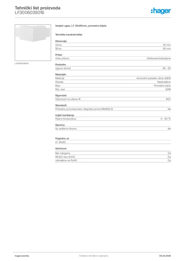 Slika Hager Tehnički list proizvoda LF3006039016  | Hager