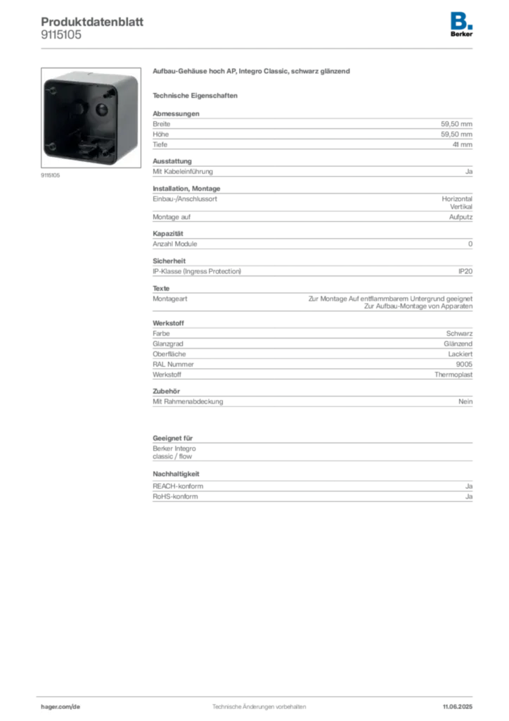 Bild Berker Produktdatenblatt 9115105 | Hager Deutschland
