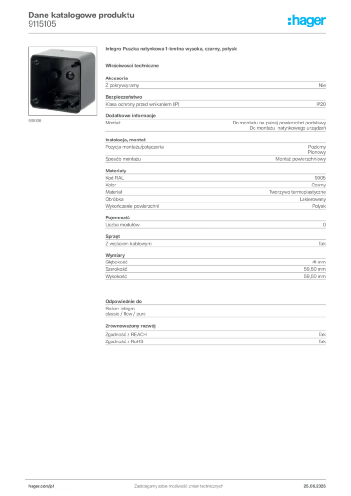 Zdjęcie Hager Karta katalogowa 9115105 | Hager Polska