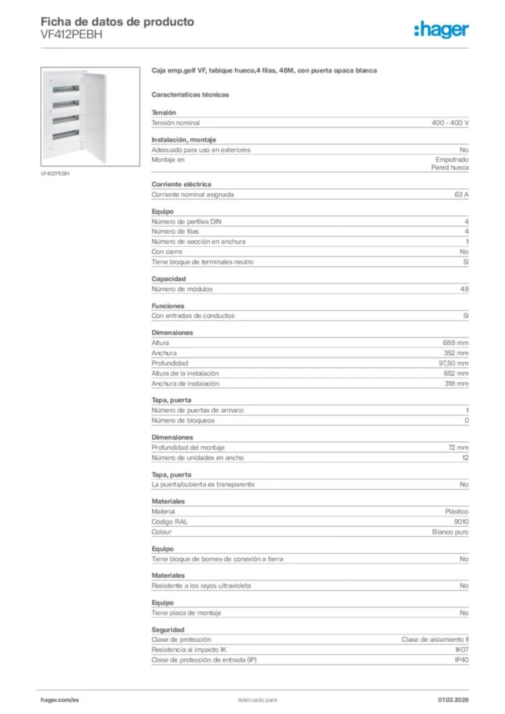 Imagen Hager Ficha de datos de producto VF412PEBH | Hager España