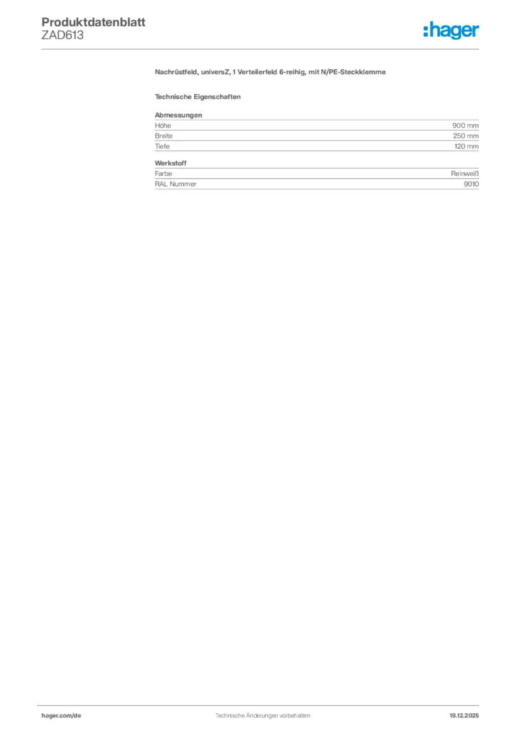 Bild Hager Produktdatenblatt ZAD613 | Hager Deutschland