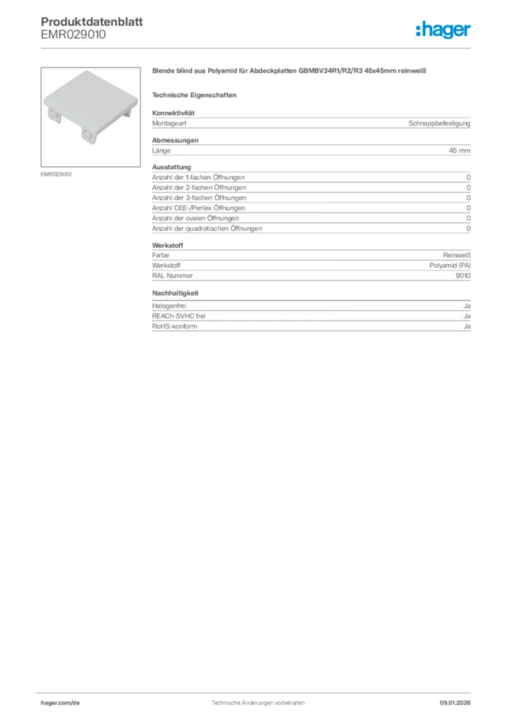 Bild Hager Produktdatenblatt EMR029010 | Hager Deutschland