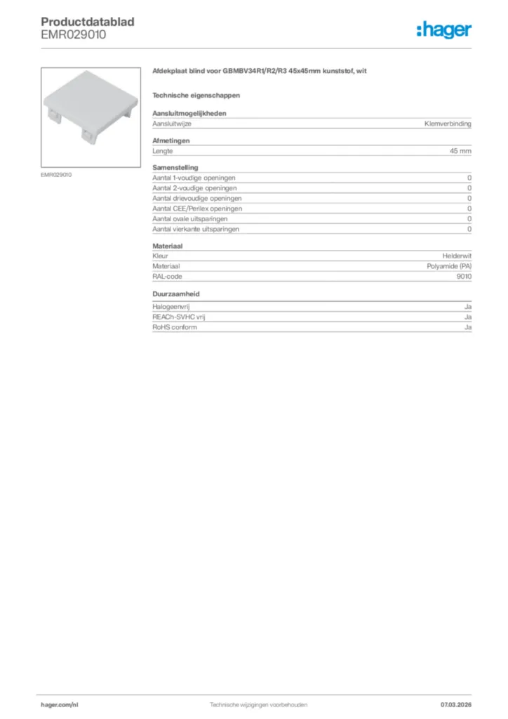 Afbeelding Hager Productdatablad EMR029010 | Hager Nederland