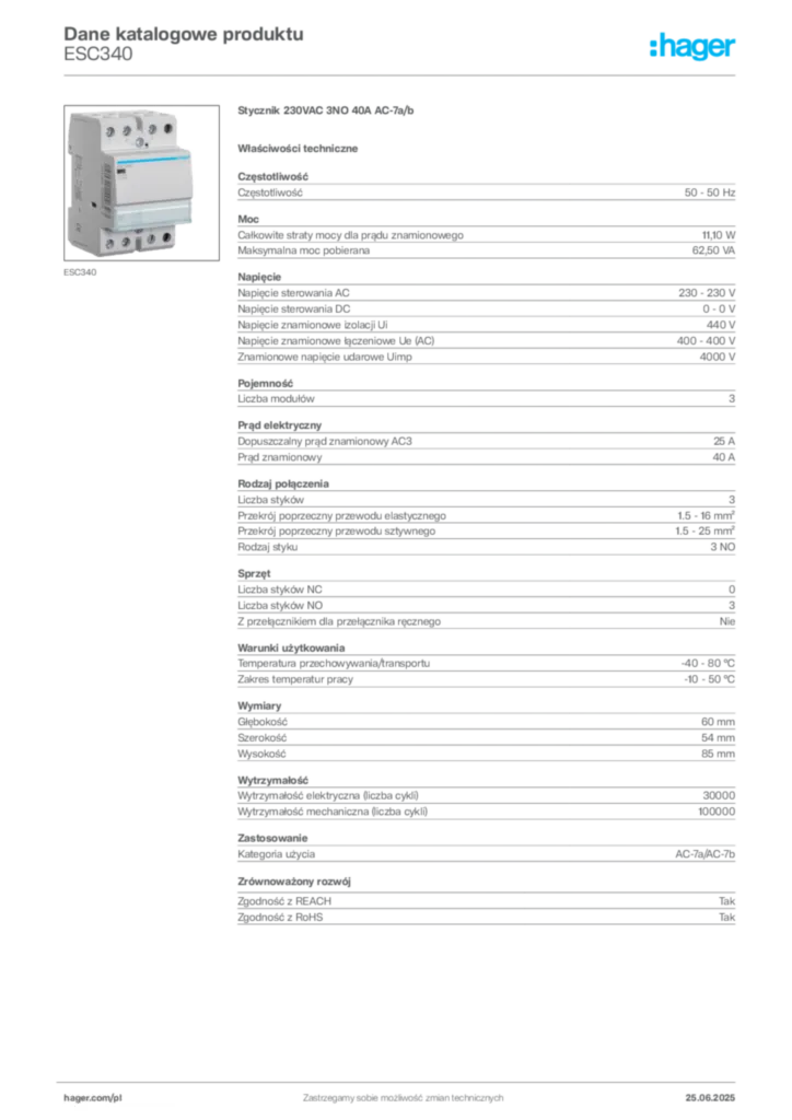 Zdjęcie Hager Karta katalogowa ESC340 | Hager Polska