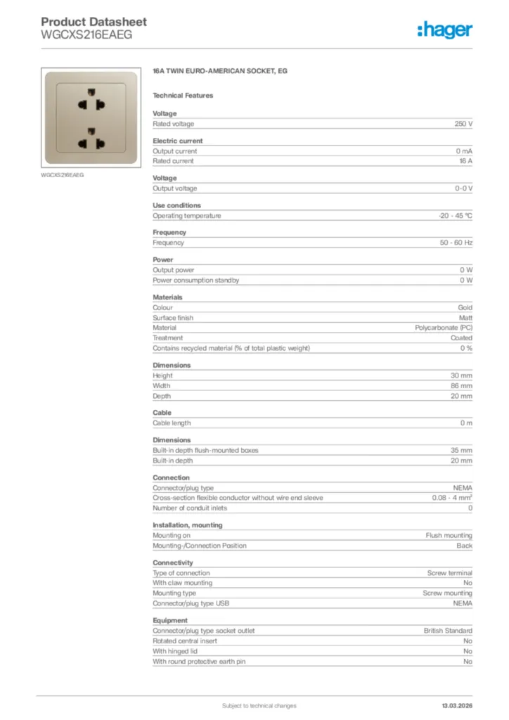 Image Hager Product data sheet WGCXS216EAEG  | Hager Africa