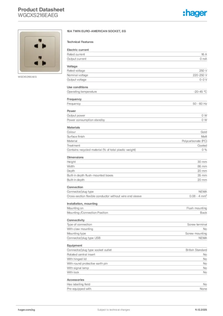 Image Hager Product data sheet WGCXS216EAEG  | Hager