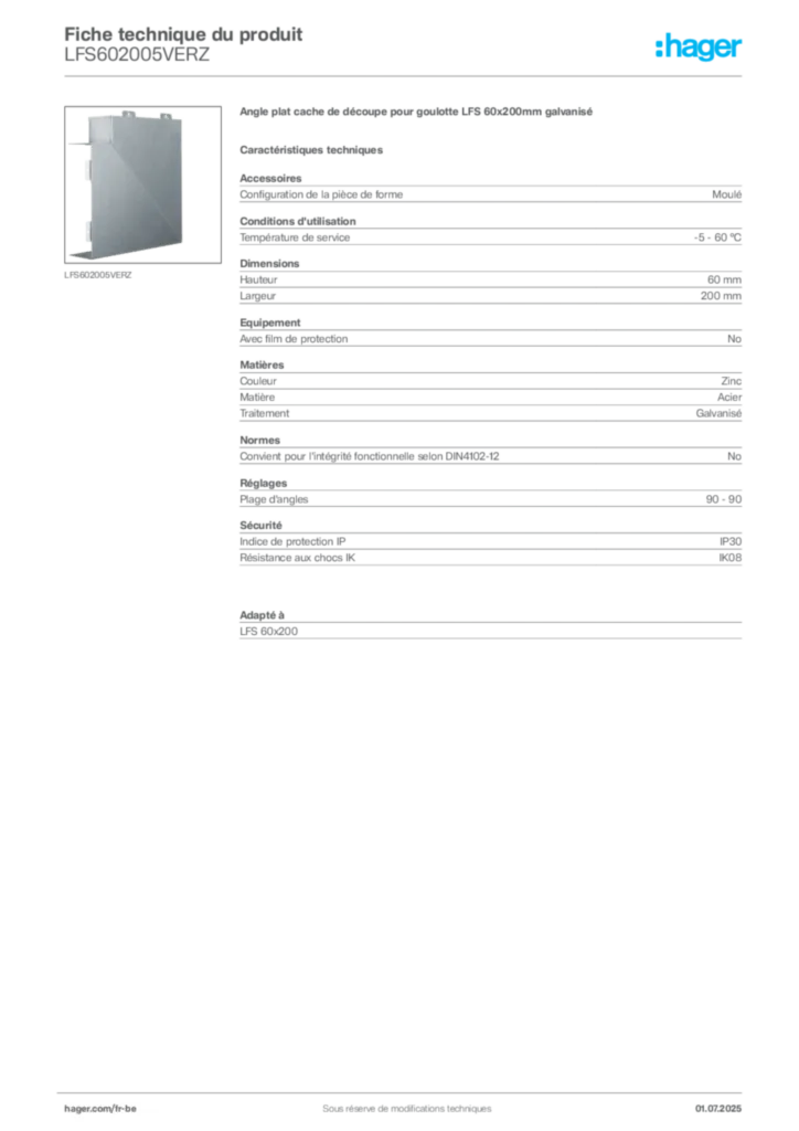 Image Hager Fiche technique du produit LFS602005VERZ | Hager Belgique