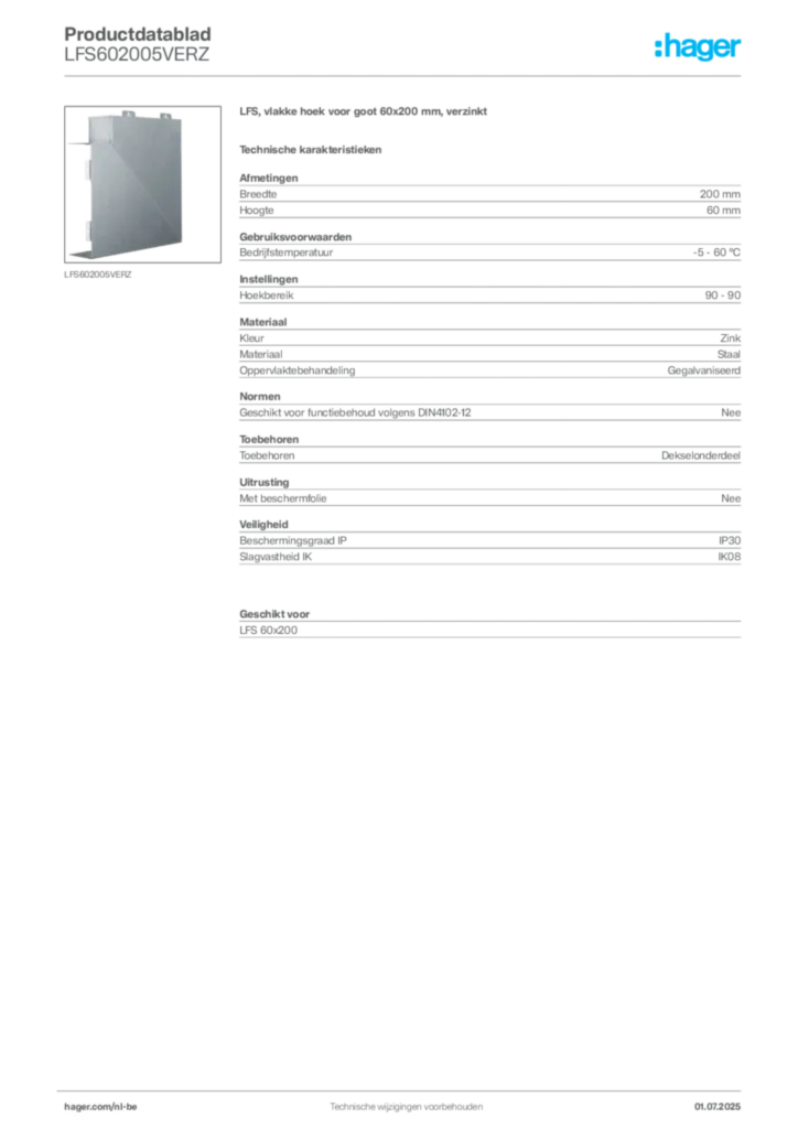 Afbeelding Hager Productdatablad LFS602005VERZ | Hager Belgium