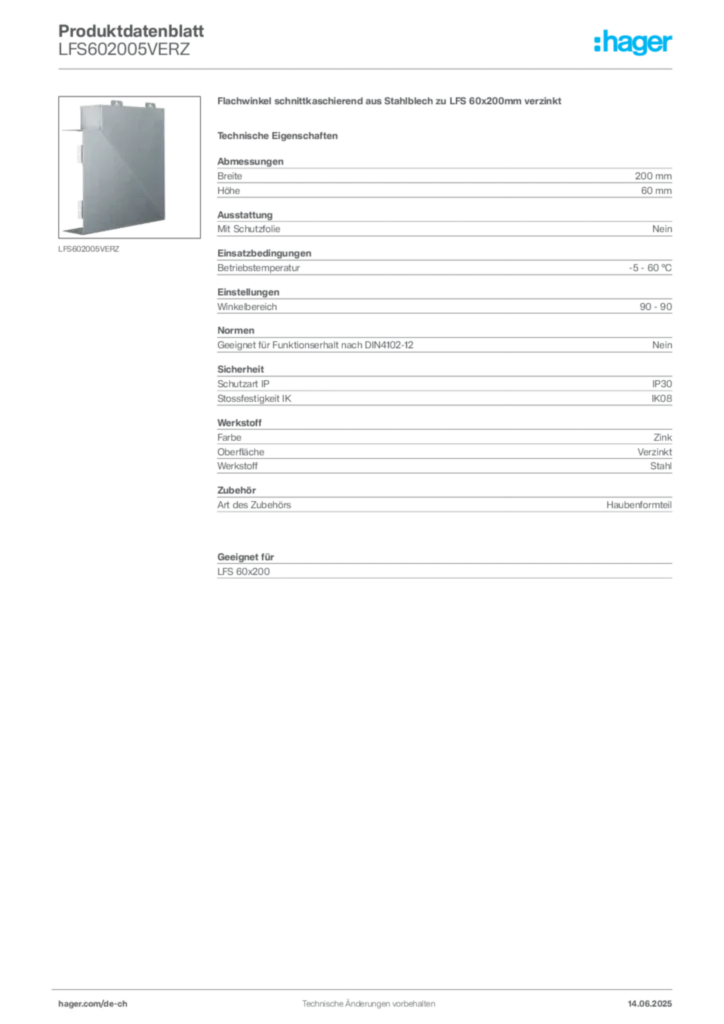 Bild Hager Produktdatenblatt LFS602005VERZ | Hager Schweiz