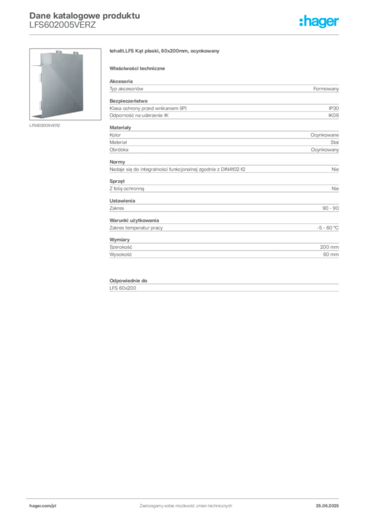 Zdjęcie Hager Karta katalogowa LFS602005VERZ | Hager Polska