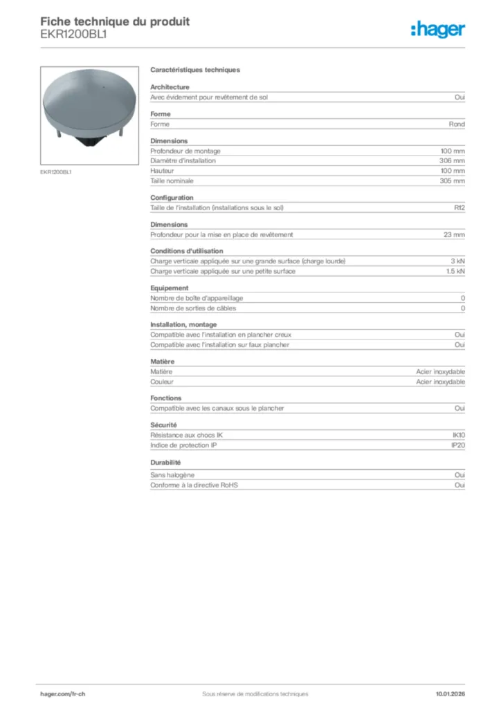 Image Hager Fiche technique du produit EKR1200BL1 | Hager Suisse