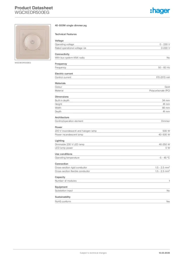 Image Hager Product data sheet WGCXEDR500EG  | Hager Africa