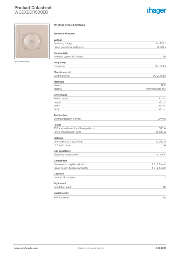 Image Hager Product data sheet WGCXEDR500EG  | Hager