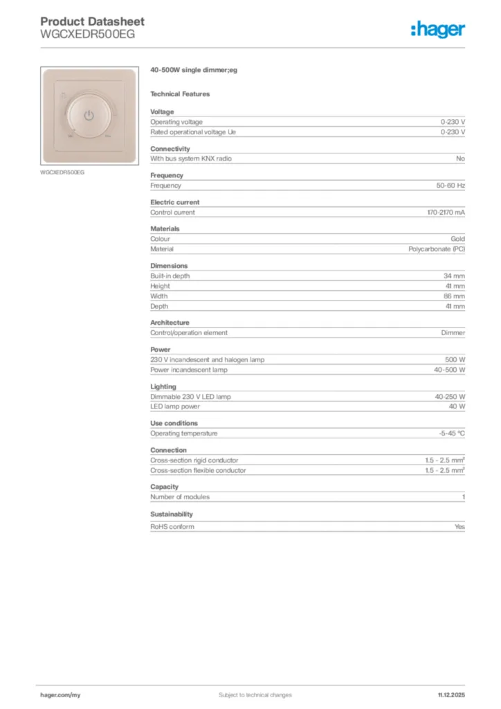 Image Hager Product data sheet WGCXEDR500EG  | Hager