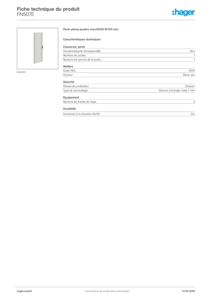 Image Hager Fiche technique du produit FN507E | Hager France
