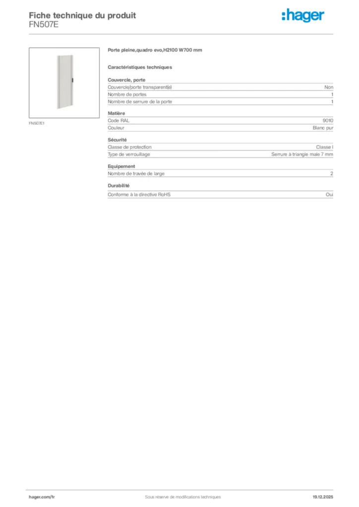 Image Hager Fiche technique du produit FN507E | Hager France