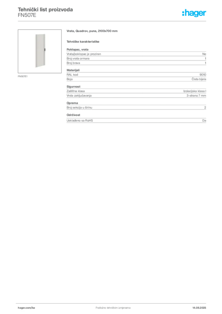 Slika Hager Product data sheet FN507E  | Hager
