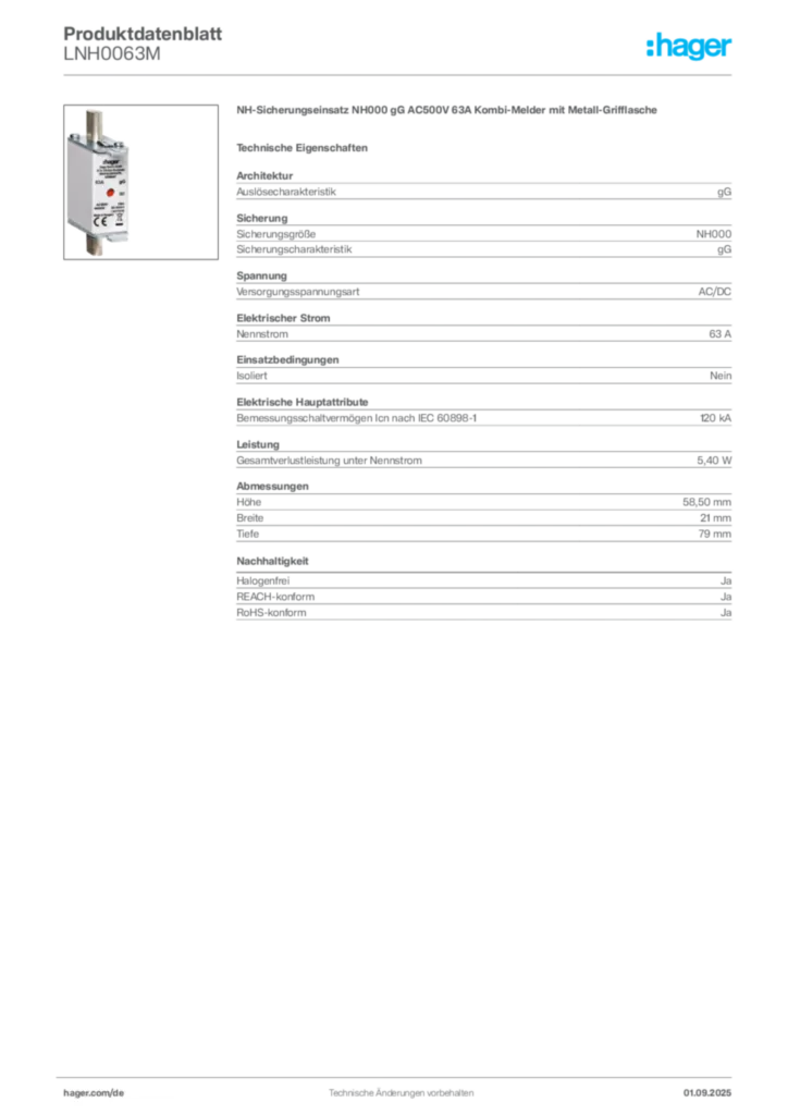 Bild Hager Produktdatenblatt LNH0063M | Hager Deutschland