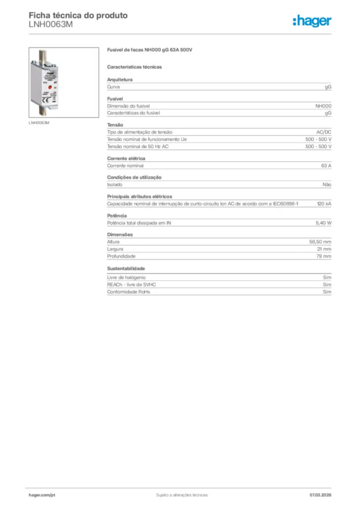 Imagem Hager Ficha técnica do produto LNH0063M | Hager Portugal