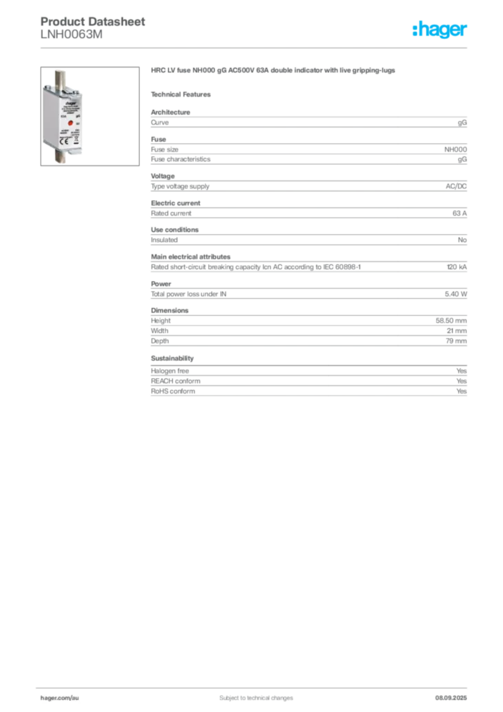 Image Hager Product data sheet LNH0063M  | Hager Australia