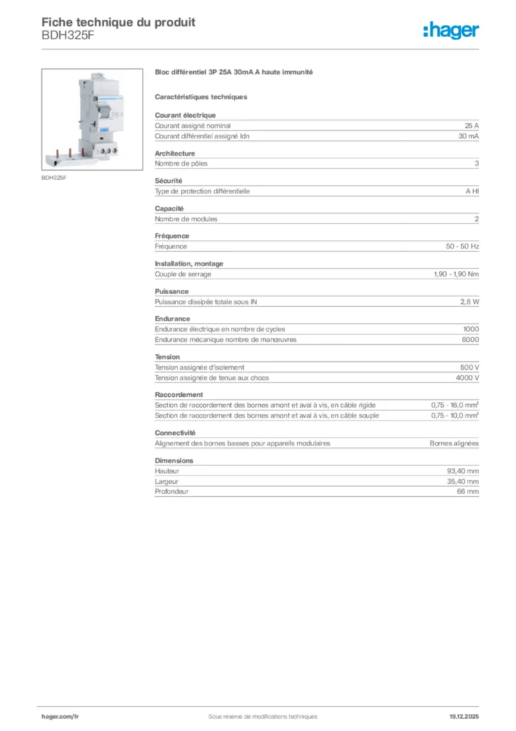 Image Hager Fiche technique du produit BDH325F | Hager France