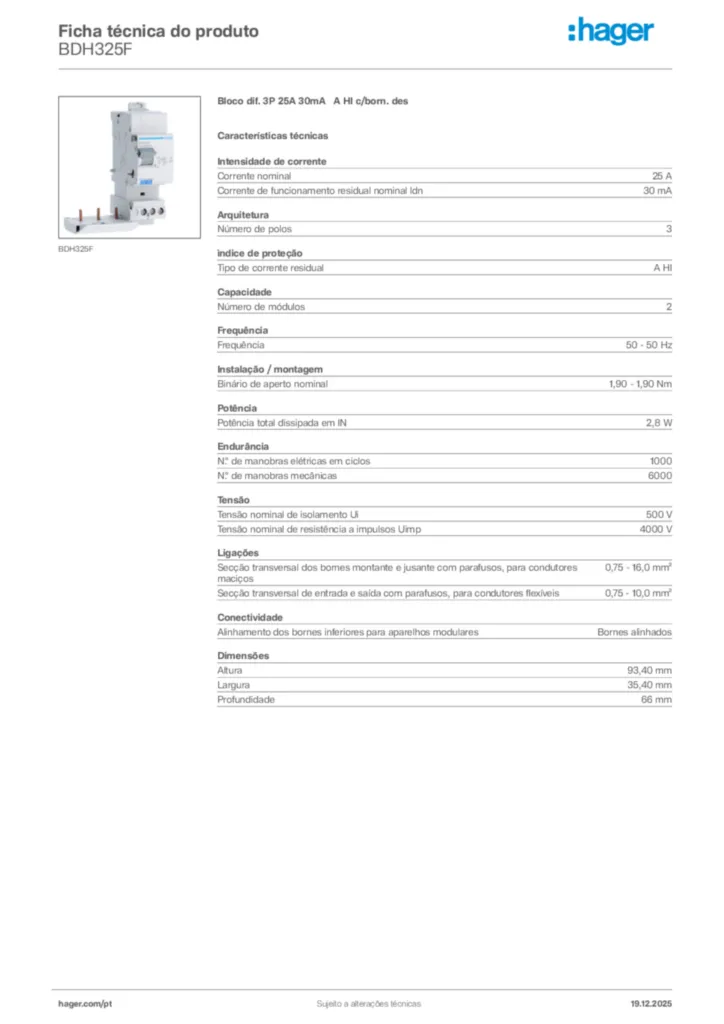 Imagem Hager Ficha técnica do produto BDH325F | Hager Portugal