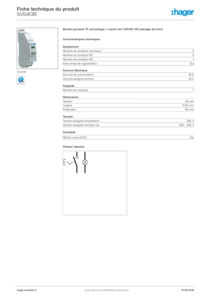 Image Hager Fiche technique du produit SVS413B | Hager Afrique