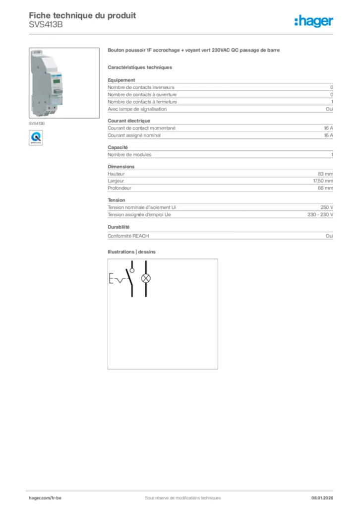 Image Hager Fiche technique du produit SVS413B | Hager Belgique