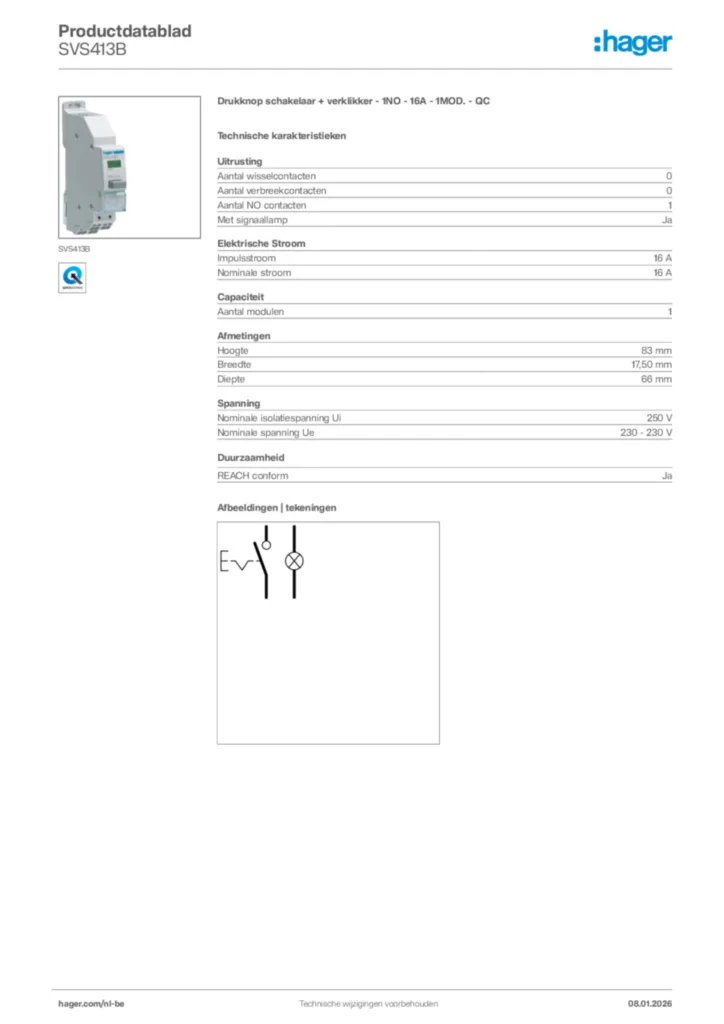 Afbeelding Hager Productdatablad SVS413B | Hager Belgium