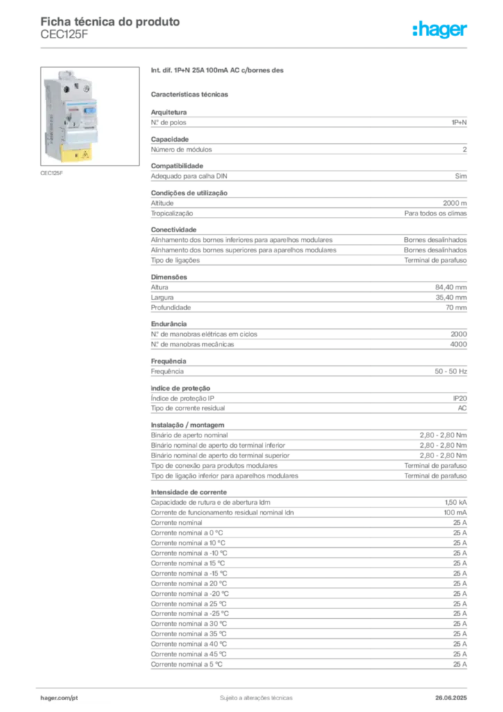Imagem Hager Ficha técnica do produto CEC125F | Hager Portugal