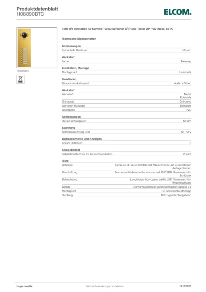 Bild Elcom Produktdatenblatt 1108890BTC | Hager Deutschland